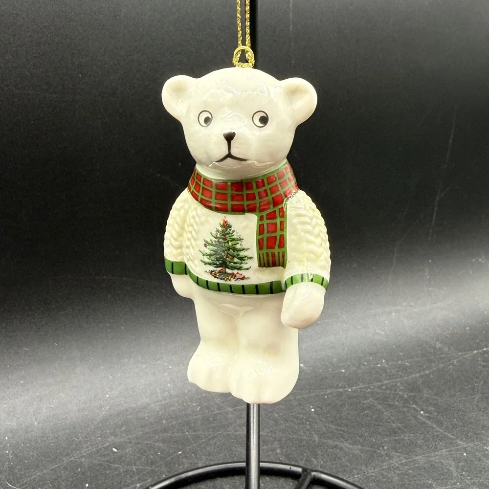Spode Christmas Tree Polar Bear Ornament Ceramic White Red Green Plaid Scarf‎